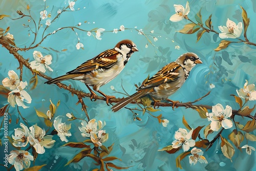 Autumn Morning Sparrows: Two Birds on Tree with White Flowers Oil Painting © Michael
