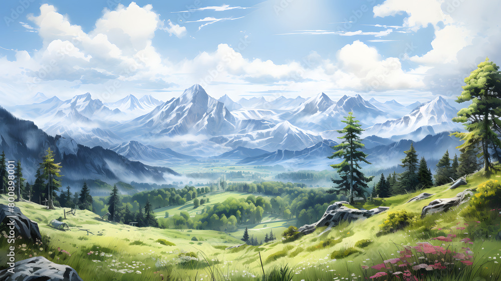 Fototapeta premium Digital watercolor forest landscape abstract graphic poster web page PPT background