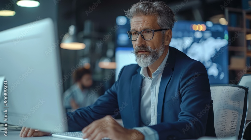 A businessman wearing glasses and a suit is working on a computer. A businessman wearing glasses and a suit is working on a computer.