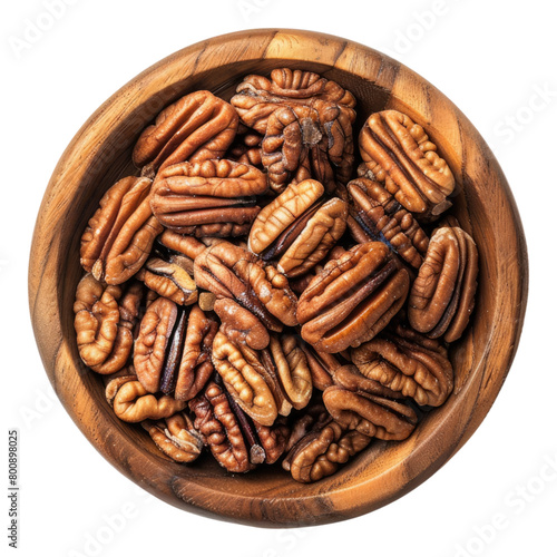 Pecans in wooden bowl isolated on transparent background