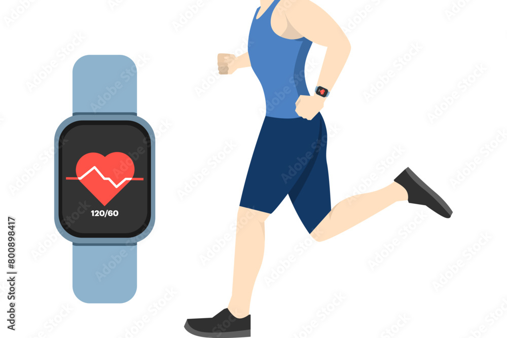 Walking Or Running On A Treadmill Using An App On A Smart Watch To Record Health Conditions Heart Rate, Internet Of Things Vector Background, IoT Illustration Banner. Walking Or Running On A Treadmill Using An App On A Smart Watch To Record Health Conditions Heart Rate, Internet Of Things Vector Background, IoT Illustration Banner.