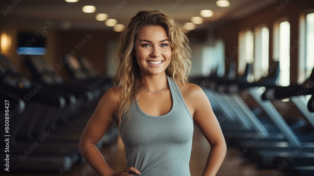 Portrait of a young woman in sportswear smiling in a gym