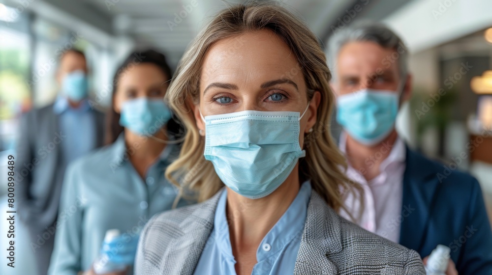 Business meeting Illustrate professionals wearing masks while attending a business meeting in a conference room or boardroom, with hand sanitizer