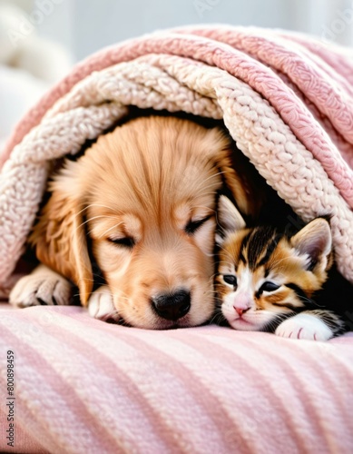 A Golden Retriever Puppy and a Kitten Sleeping Under a Pink Blanket © Adobe Contributor