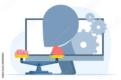 Emotional intelligence concept. Heart and brain on balanced scale symbol. Love, mind, logic. explore inner personality. Modern flat cartoon style. Vector illustration on white background.