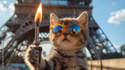 Funny cat holding Olympic flame torch, Eiffel Tower background in Paris. Concept of travel to France, funny pet animal in costume humor greeting card or blogging.
