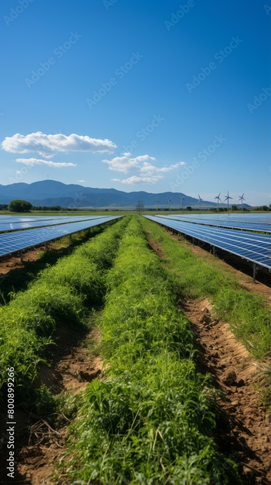 A large solar farm in a rural area with mountains in the distance