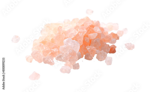 A close-up of Himalayan pink salt crystals, unique texture and color, isolated on a white background, real photo. Transparent PNG