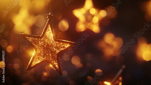 Close-up of a golden star-shaped Christmas ornament hanging with out-of-focus warm golden lights creating bokeh effect