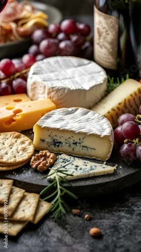 An assortment of cheese, grapes, and crackers on a wooden board