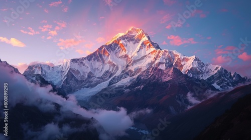 Mount Everest  the highest mountain in the world  at sunset