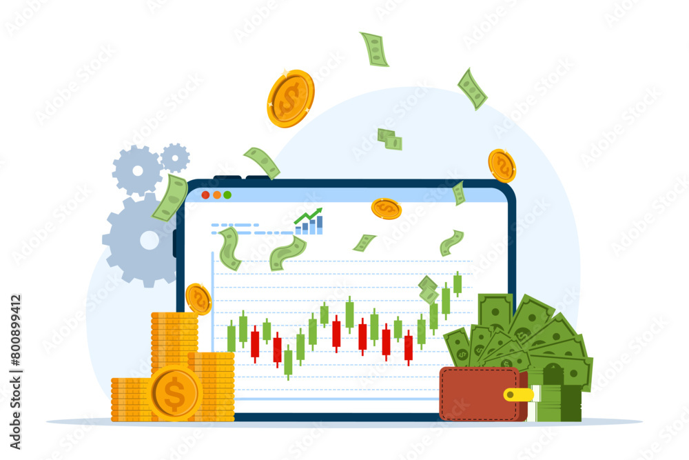 stock trading concept with laptop or computer vector illustration. Web banner template for trading company graphic design. Financial charts for buying and selling for stock exchange market concept.