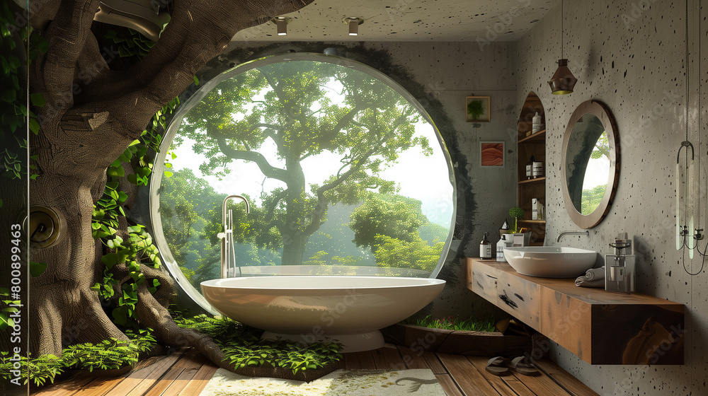 Urban jungle designwarm full furnished bathroom with grey walls and plants.Generated by AI.