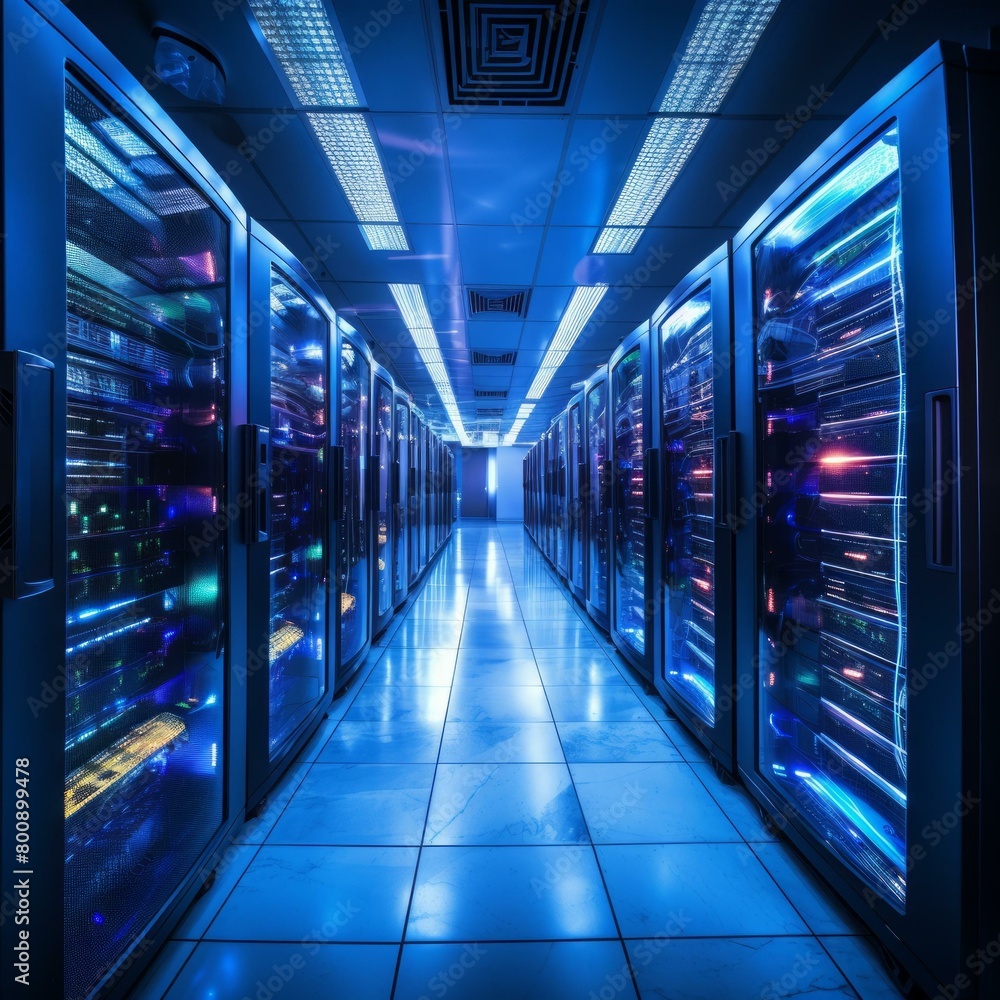 Blue futuristic server room with bright lights Blue futuristic server room with bright lights