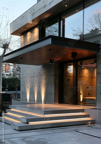 Modern concrete house exterior with large glass windows and wooden door