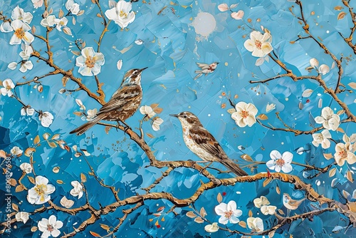 Two Birds on a Tree with White Flowers - Vibrant Autumn Morning Scene Vertical Oil Painting