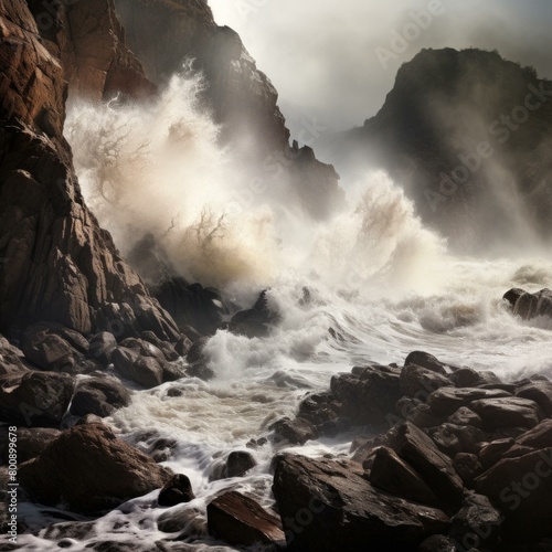 Huge waves crash against a rocky coast