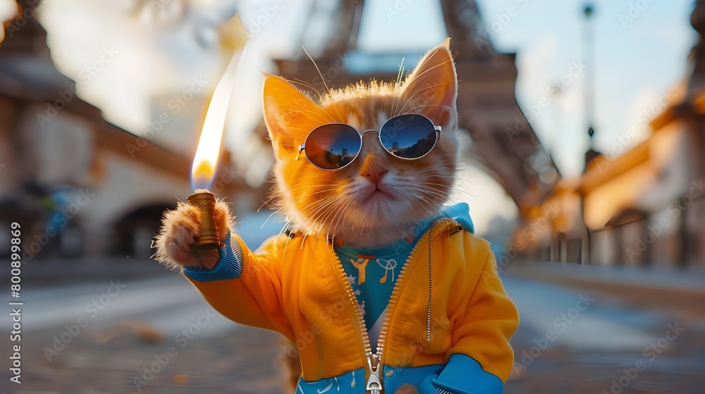 Cat holding olympic flame torch with sport uniform. Paris Eiffel Tower ...