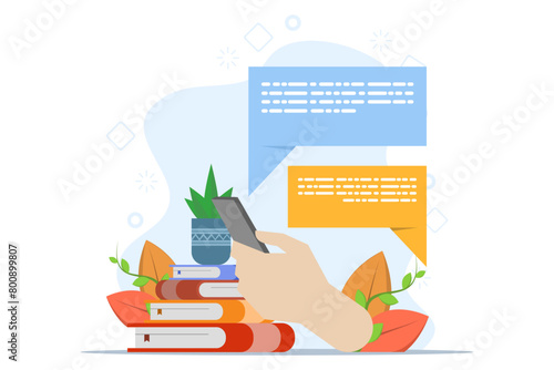 Mobile Chat app concept for business or discussion, teamwork using technology to communicate or collaborate on work, communicating with mobile app in big hand holding smart phone. vector illustration.