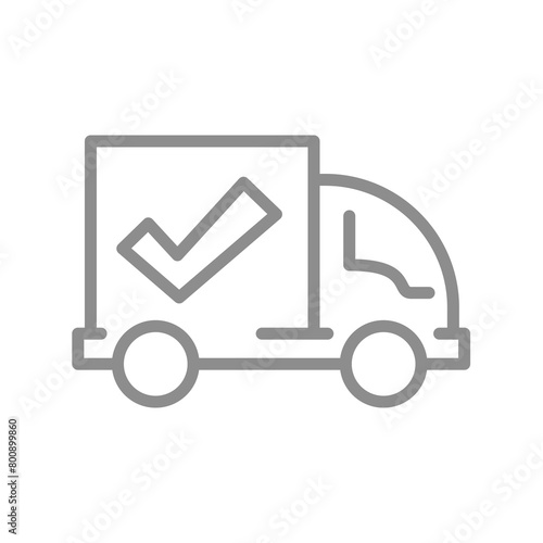 Delivery truck with checkmark. Delivered courier shipment vector icon.