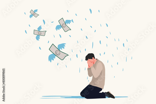 a man cover his face with hand, crying on the floor, money flying away, sad depression, crisis concept art, minimal flat vector cartoon illustration 