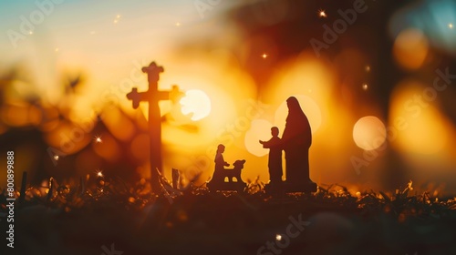Nativity Of Jesus - Scene With The Holy Family With Comet At Sunrise Nativity hands with palm up over blurred cross Christmas concept 