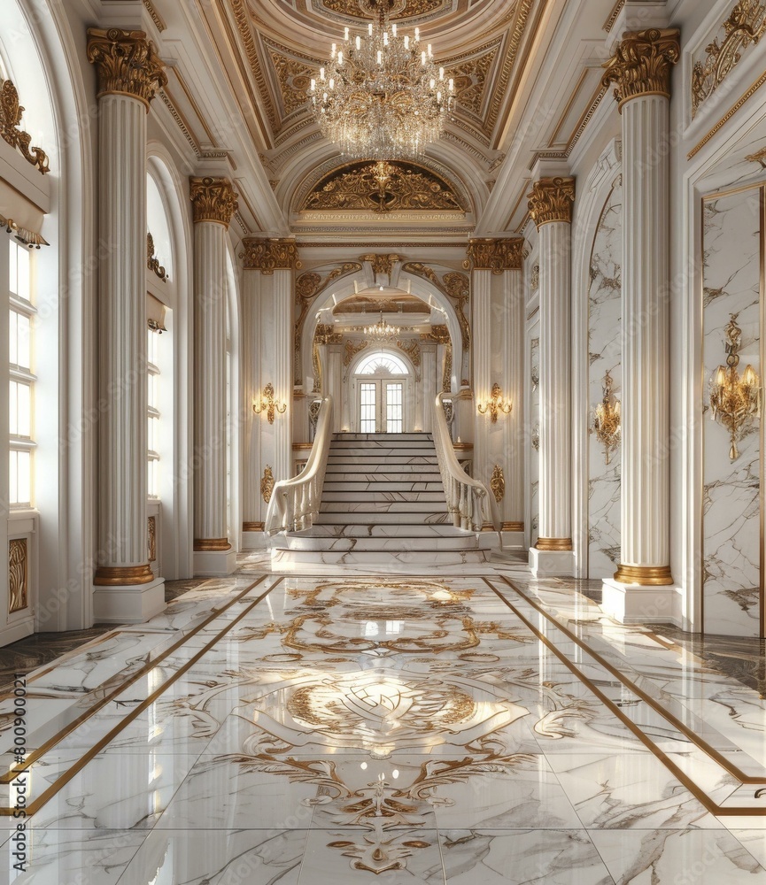 ornate hallway with marble floor and columns
