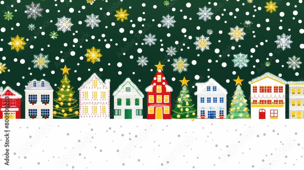Create a magical illustration for a Christmas greeting card, depicting a quaint snowy village adorned with twinkling lights