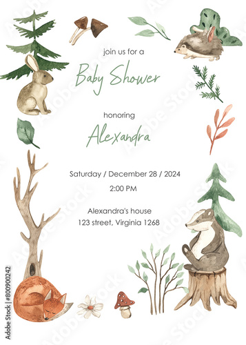 Watercolor baby shower with cute forest animals, fox, badger, hedgehog, hare, spruce, trees, mushrooms, plants for baby cards, invitations, baby room