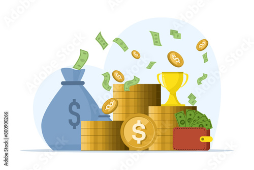 concept of Success and Making Big Profits. success with soaring money. profit. Big income, salary. make a lot of money. Stack of dollar coins. Winner with prize. Vector illustration.