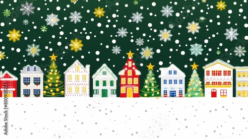 Create a magical illustration for a Christmas greeting card  depicting a quaint snowy village adorned with twinkling lights