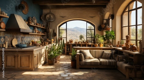 kitchen with a large window looking out onto a desert landscape