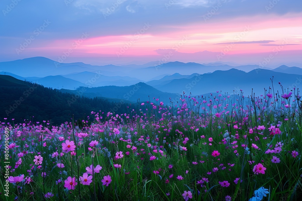 Wild Flowers Evening Sky: Tranquil Pink Blossoms Meadow Landscape