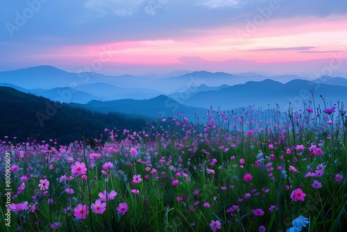 Wild Flowers Evening Sky  Tranquil Pink Blossoms Meadow Landscape