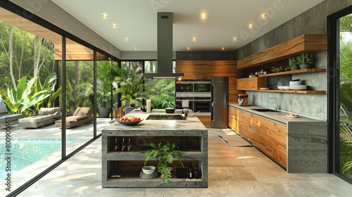 Create a modern kitchen with an island cooktop, floating shelves, and a built-in wine fridge for a functional and stylish photo