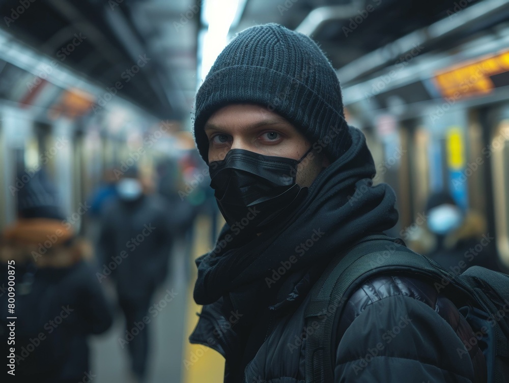 A young man wearing a mask is looking at the camera in a subway station. A young man wearing a mask is looking at the camera in a subway station.