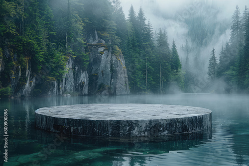 A large round podium made of concrete in the middle of an emerald lake surrounded by misty pine forests. Created with AI