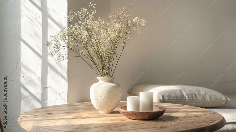 A wooden table with a vase of flowers and two candles on it. A wooden table with a vase of flowers and two candles on it.