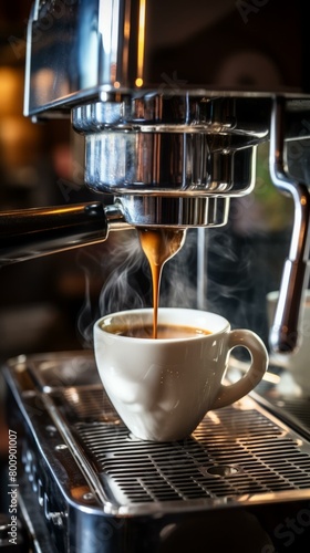 Espresso machine making coffee in a white cup