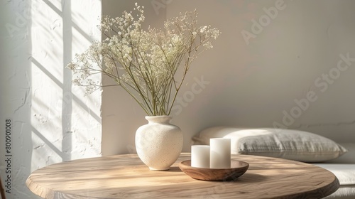 A wooden table with a vase of flowers and two candles on it. photo