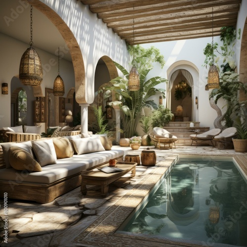Courtyard with swimming pool and Moroccan style