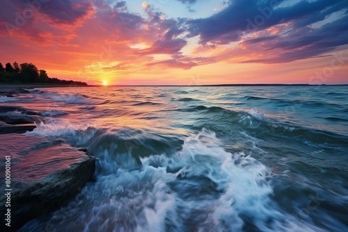 colorful sunset over lake splashing against rocky shore