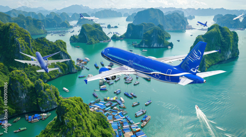 Create a serene scene of airplanes flying over the tranquil waters and limestone karsts of Halong Bay, Vietnam