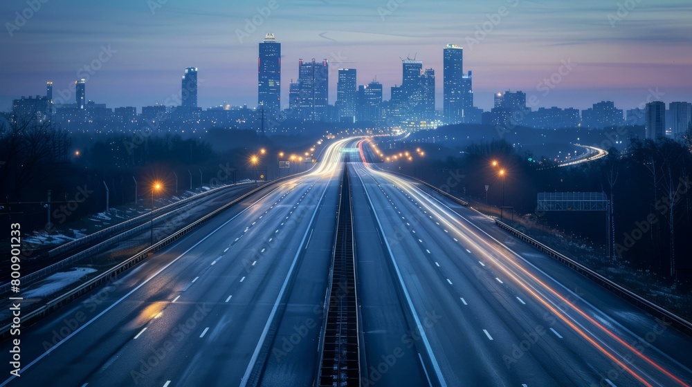 Fototapeta premium Night highway with skyscrapers in the background