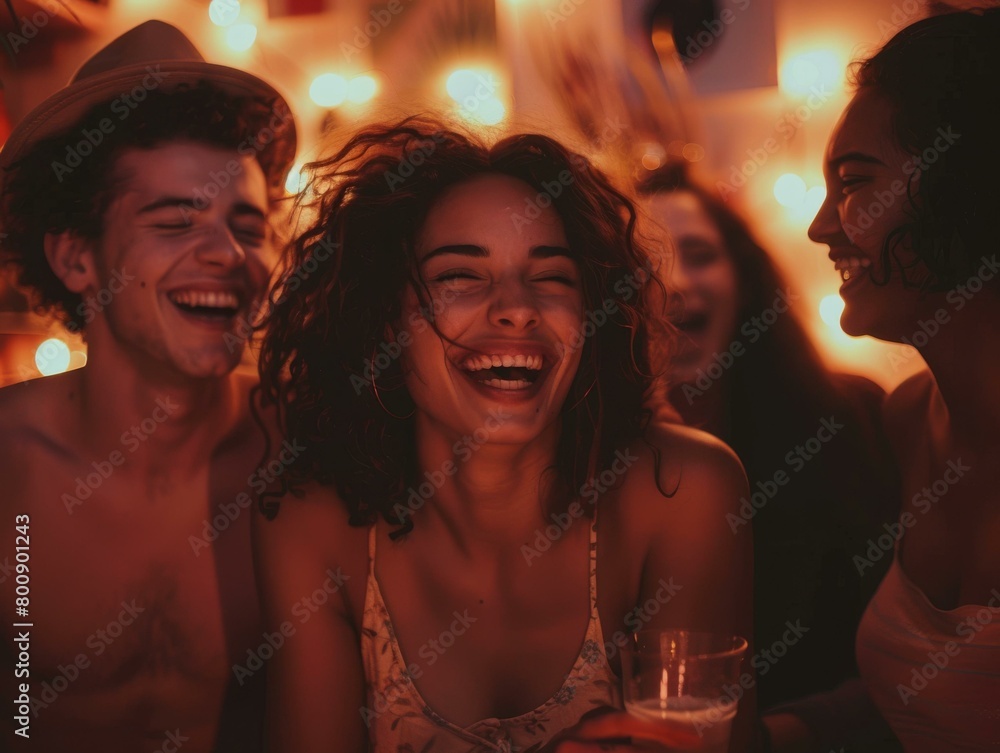 Four friends laughing and having fun at a party