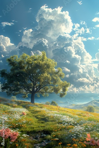 fantasy landscape with a large tree and a field of flowers