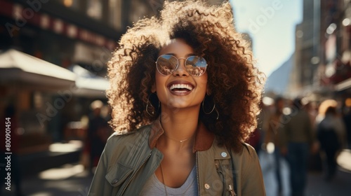 Laughing curly haired woman wearing sunglasses and a green jacket