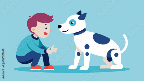 A robotic dog specifically programmed for individuals with sensory processing disorder calmly interacts with a child who typically struggles with. Vector illustration