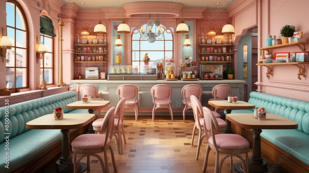 Pink and blue pastel colored cafe interior with large windows