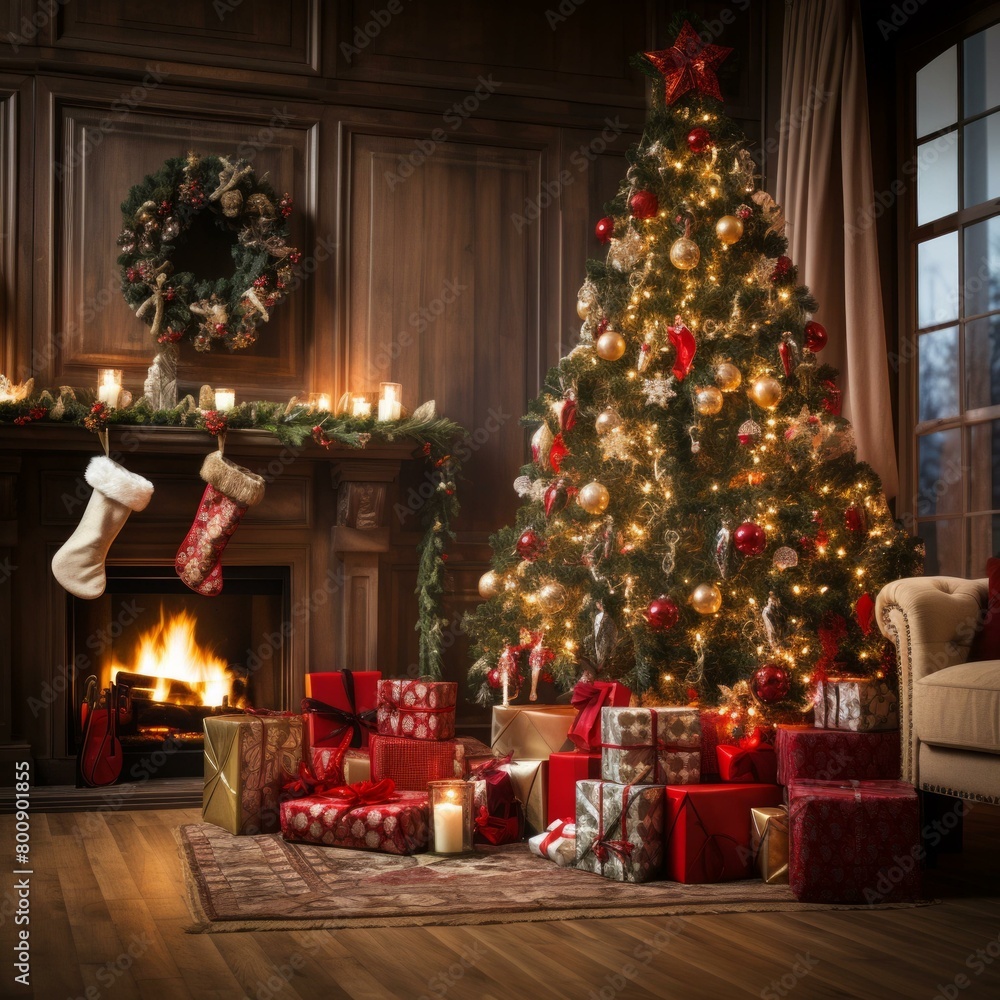 A beautifully decorated Christmas tree stands in a living room.